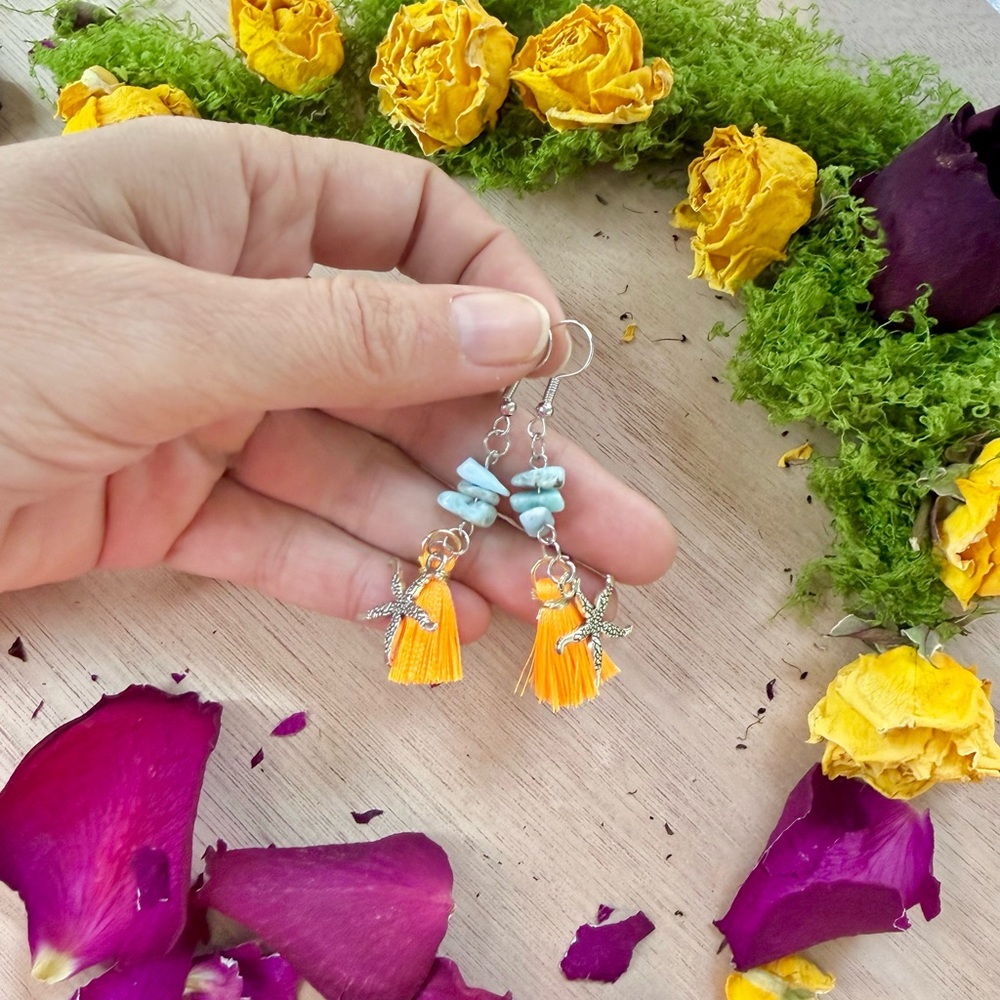 Handmade Larimar earrings with Starfish charms - Picture 2 of 3